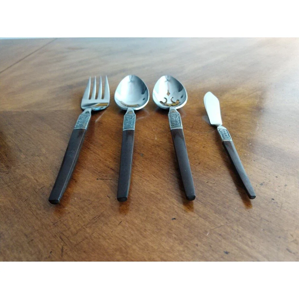 Lot 4x Serving Pieces Ekco Eterna La Joya Stainless Faux Wood Flatwar MCM EKS14